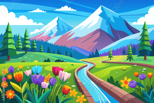 Vibrant spring landscape with snow capped mountains, blooming tulips, flowing stream, and lush green hills under a bright blue sky