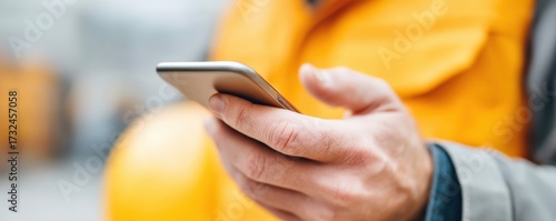 maintenance technical repair maintenance schedule concept. A worker in a yellow jacket using a smartphone on-site.