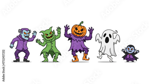 Halloween Creature Party: A lively group of whimsical, cartoonish Halloween creatures, each uniquely designed and radiating the spooky festive spirit.