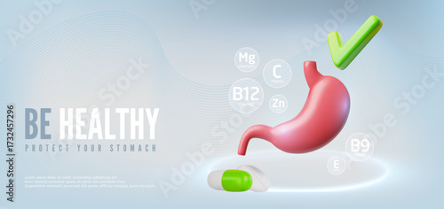 Be healthy protect your stomach 3D realistic vector banner, digestive system with green tick check mark, tablet drugs