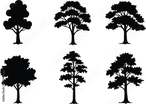 Collection of tree silhouettes in different shapes and styles, natural forest vector illustration design for landscape, park, and nature decoration