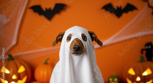 adorable dog in ghost costume posing with pumpkins and bats on halloween night