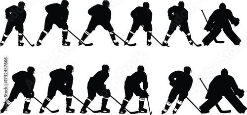 Silhouette illustration of ice hockey players in action poses, skating, shooting, defending, goalie save, sports vector design, athletic artwork