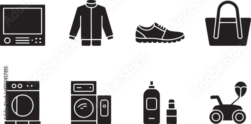 Collection of Everyday Objects and Appliances Represented by Icons in a Grid Format