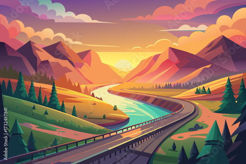 Stunning mountain valley road winds beside a vibrant river under a dramatic sunset sky, evoking adventure and freedom.