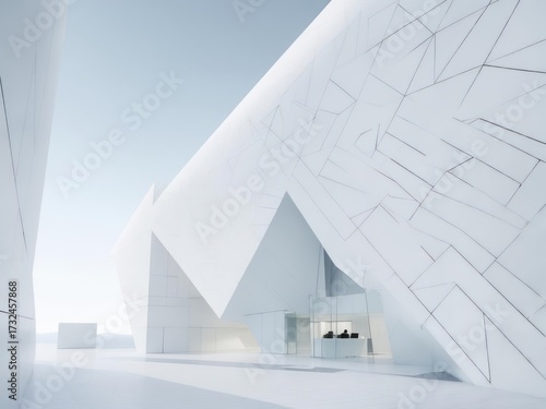 Vast White Deconstructed Facade of a Futuristic Angular Building