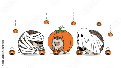 Halloween Hedgehog's Delight: Playful hedgehogs in a series of delightful costumes and holding carved lanterns. They bring spooky, whimsical charm for holiday celebrations.
