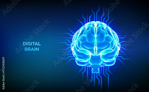 Brain. Futuristic digital brain with electric circuits and neural network connections. Concept of artificial intelligence, machine learning, data science, innovation technology. Vector illustration