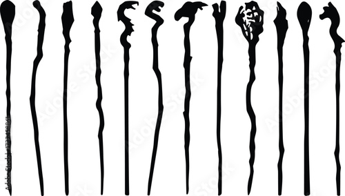 Silhouette illustration of wizard magic staffs and wooden sticks, mystical design collection, fantasy elements, magical objects, ancient power, vector artwork