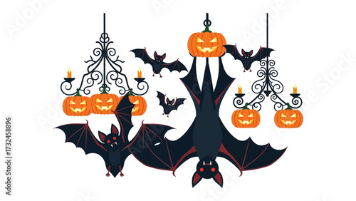 Halloween Bats and Pumpkins: Spooky bat silhouettes soar around jack-o'-lanterns perched atop vintage candle holders, a festive vector illustration perfect for Halloween.