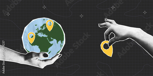 Collage banner with halftone hands holding Earth globe and map location pointer. Concept of travel, journey and mark locations for vacation. Collage style with halftone. Vector.