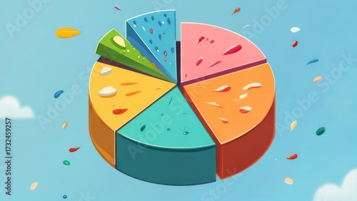 Vibrant 3D Pie Chart with Floating Colorful Elements Against a Soft Blue Sky