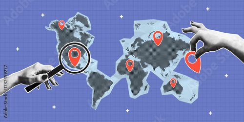 Collage banner with paper cut-out World map and halftone hands holding magnifying glass and map location pointer. Concept of travel, search locations for vacation. Collage style with halftone. Vector