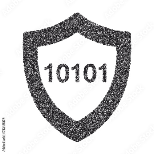 Dot-style shield icon with binary code for cybersecurity concept