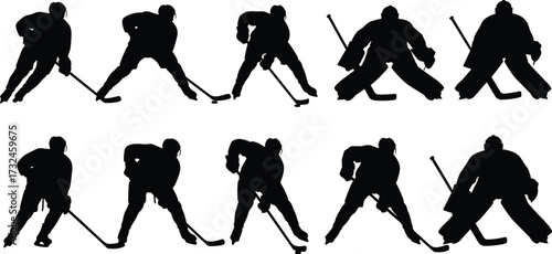 Silhouette set of ice hockey players and goalkeepers in action with sticks, skating, shooting, defending, competitive sports vector design