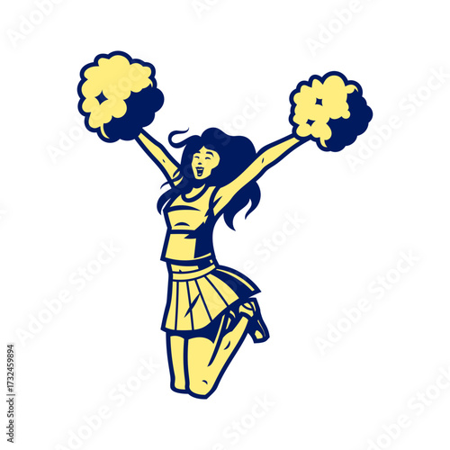 Dynamic cheerleader with pom-poms leaps with joy, embodying school spirit and energetic performance.