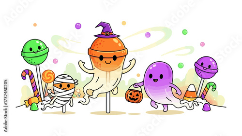 Halloween Lollipop Parade: A whimsical illustration showcases a delightful scene of animated lollipops in festive Halloween costumes, brimming with cheerful anticipation.