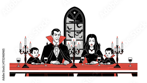 Gothic Family Dinner: A stylized illustration depicts a vampire family, complete with a stern patriarch, a gothic matriarch, and two young vampires, seated at a formal dinner table.