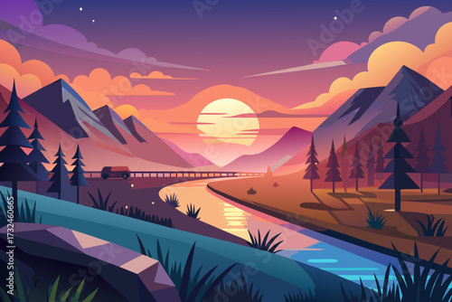 Vibrant mountain landscape at sunset with a winding river and distant car on a bridge, perfect for travel and nature themes