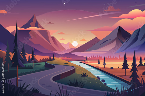 Stunning mountain vista with winding road and river at sunset, evoking serene travel and adventure