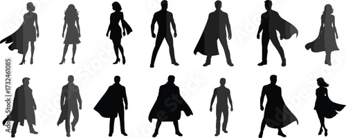 Superhero silhouette illustration of men and women with capes, powerful poses, heroic vector collection, fantasy characters, strong action design