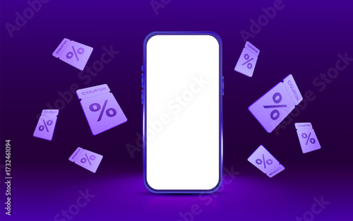3d blank phone for mockup with glowing effect, flying coupons around, isolated on deep purple background. Phone banner template with coupon fly for discount event in 3d vector. Vector illustration