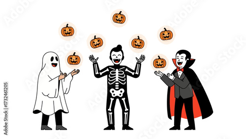 Halloween Costume Party: Three friends in halloween costumes juggle pumpkins in a playful and lively halloween party setting. evoking spooky and merry atmosphere.