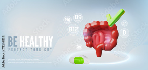 Be healthy protect your gut 3D realistic vector banner, intestines internal organ with green tick check mark, medicine