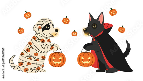 Halloween Dogs: Two adorable dogs dressed in Halloween costumes, carrying jack-o'-lanterns, exude a sense of spooky charm. They wander through a Halloween backdrop.