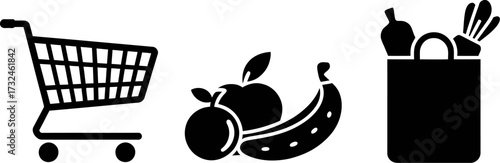 Shopping cart, fruits, and grocery bag icons represent shopping and food concepts.