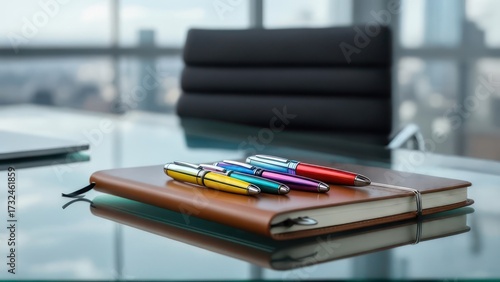 Vibrant Executive Pens on a Leather Journal in a Modern High-Rise Office
