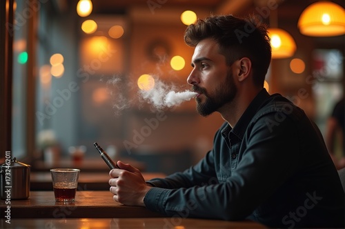 A young man sits alone at a cafe table, closely observing the soft glow of lights around him. He exhales vapor from his device and takes a considerate sip from his glass, lost in thought