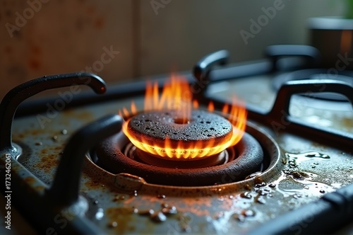 Bright flames dance from a gas burner in a warm kitchen, their glow illuminating droplets of water resting on the stovetop. A cozy ambiance fills the space as cooking begins