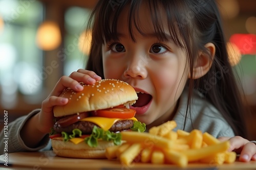 A cheerful girl sits at a wooden table, looking eager as she holds a big cheeseburger topped with lettuce and tomatoes