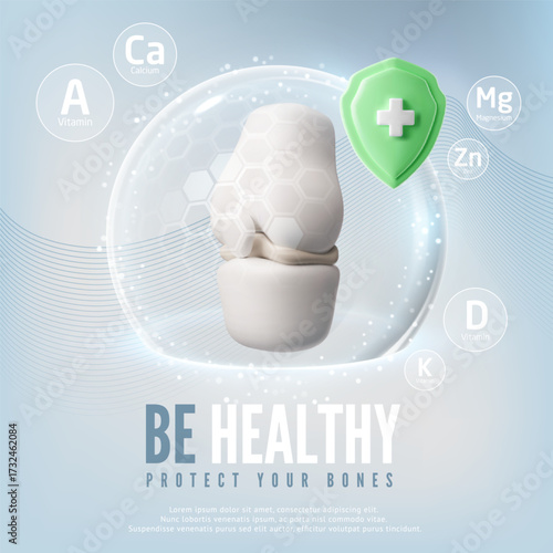 3D medical poster with human bone in protective dome, green shield with plus sign and vitamins.