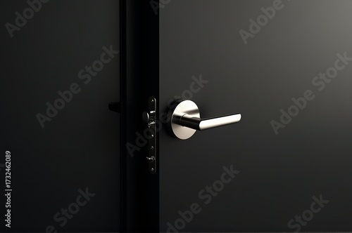 Shimmering metal door handle offers a glimpse into a sleek interior space. Soft shadows play across the dark door surface, creating an air of mystery and anticipation
