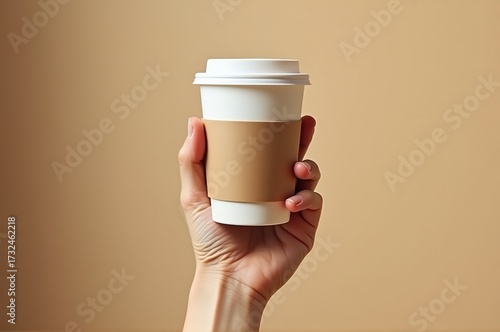 A hand gently holds a warm coffee cup with a plain sleeve. The soft beige background creates a serene atmosphere, perfect for savoring every sip. Morning light enhances the cozy mood