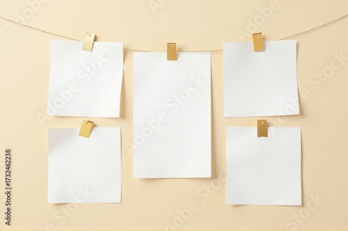 Five blank sheets of paper are neatly clipped onto a string, creating a simple yet inviting display in a warm beige environment, perfect for creativity and inspiration