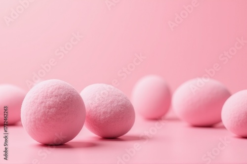 Pastel pink eggs lie scattered on a smooth pink surface, producing a dreamy and enchanting scene. The soft color palette evokes feelings of joy and creativity