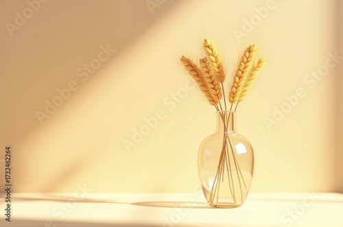 A clear glass vase filled with tall golden wheat stalks stands on a simple surface. Soft sunlight casts gentle shadows, enhancing the tranquil ambiance of the room
