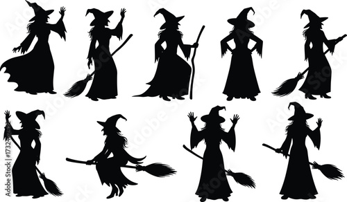 Witch silhouettes, Halloween theme, spooky female figures, flying broomsticks, magical poses, pointed hats, fantasy art, dark shadows, mystical night scene