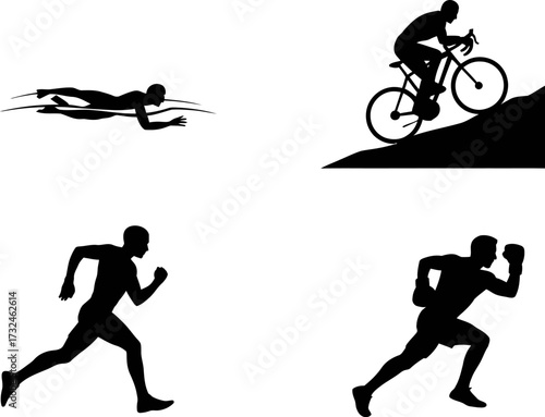 Silhouettes represent swimming, cycling, and running, a triathlon concept.