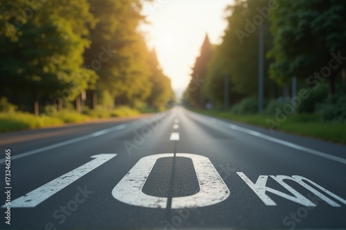 A serene road stretches ahead, marked with a clear 10 km sign. Tall trees line both sides, illuminated by soft morning light, creating a peaceful atmosphere for travelers and nature lovers alike