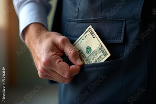 A hand places a folded bill into a suit pocket, revealing a moment of discretion. The setting suggests a professional environment just after sunset, with warm lighting highlighting the scene
