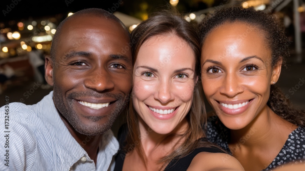 Obraz premium Three people smiling for a photo. One is a man with a beard and the other two are women