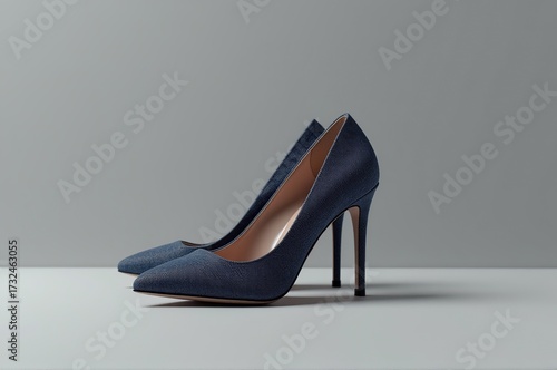 Navy blue high heels rest on a sleek surface, illuminated by soft lighting that showcases their refined silhouette. A perfect blend of fashion and sophistication