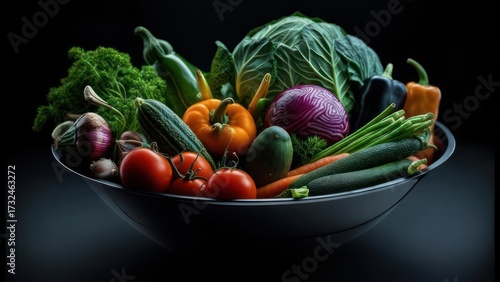 Vibrant Harvest: A Dark-Background Still Life of Fresh Vegetables in a Modern Bowl