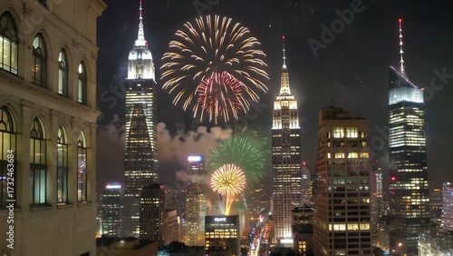 Panoramic urban skyline view of metropolitan city during national holiday celebration with spectacular fireworks display