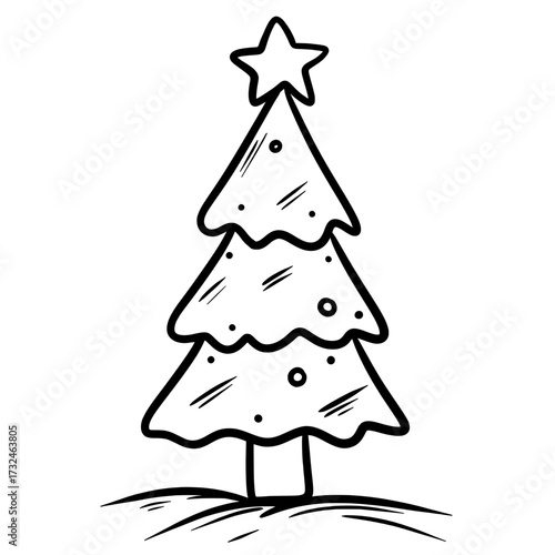 Christmas Tree Line Art, Hand Drawn Xmas Outline Illustration, Holiday Decoration Vector