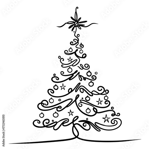 Christmas Tree Line Art, Hand Drawn Xmas Outline Illustration, Holiday Decoration Vector